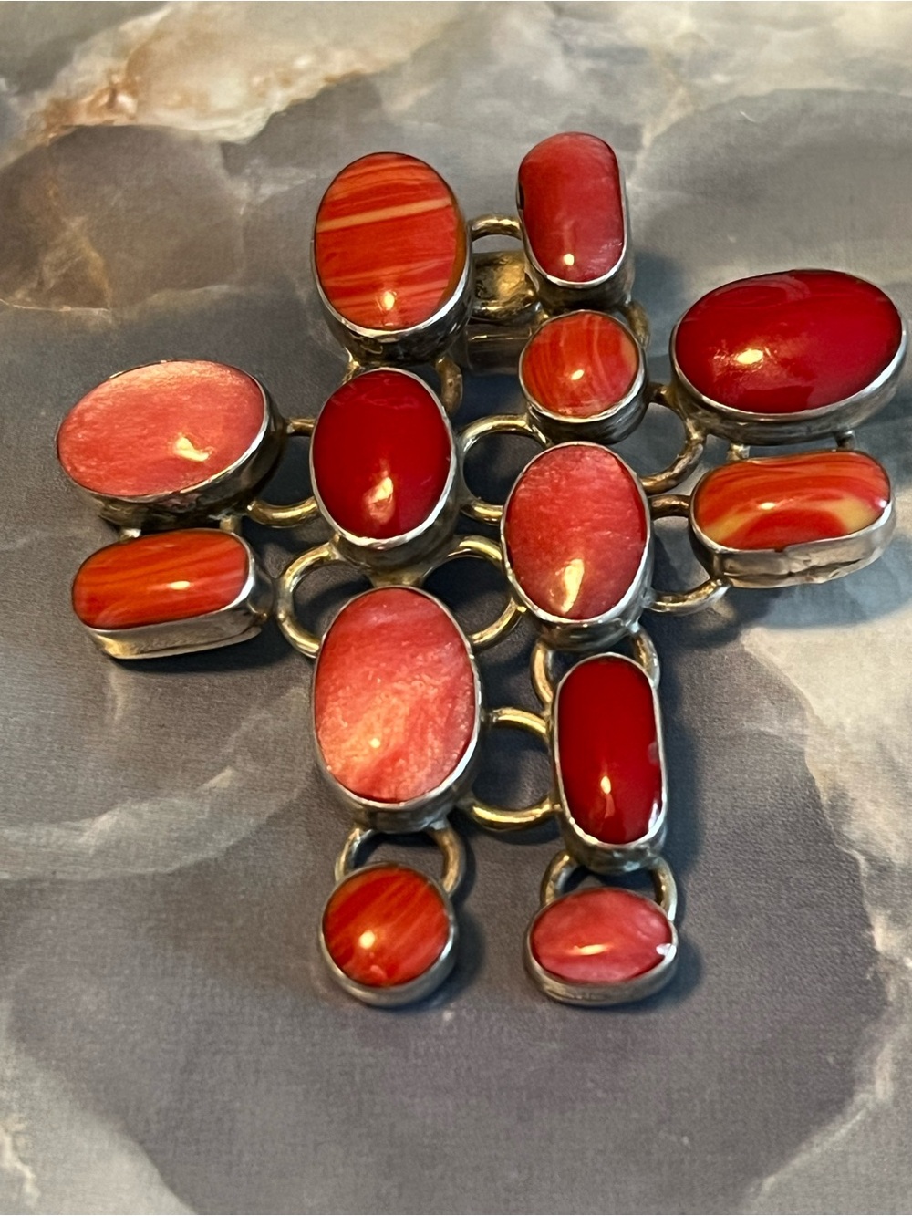 925 SW Cross Pendant With Coral & Spiny Oyster Vintage PRICE IS FIRM